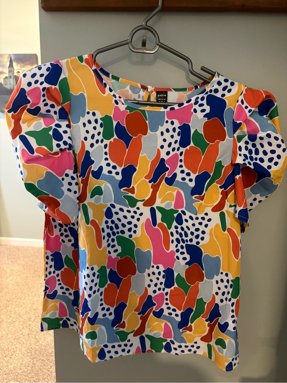 SHEIN Multicolor Abstract Puff Sleeve Blouse - Blue, Yellow, Pink, Orange, Green